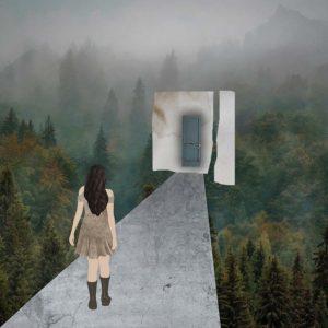 Painting of a woman from behind walking into a random door in the woods