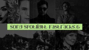 Rectangle image with 5 boxes of 5 artist headshots with podcast title in green text