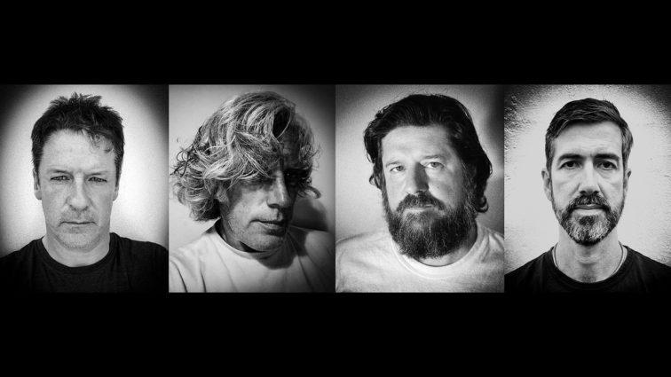 black and white image of separate headshot fo 4 band members next to each other