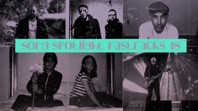 Rectangle image with 5 boxes of 5 artist headshots with podcast title in bright teal blue text