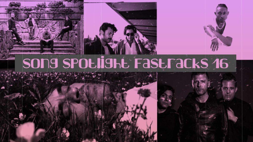 Rectangle image with 5 boxes of 5 artist headshots with podcast title in light purple text