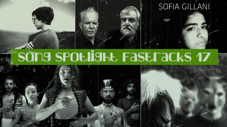 Rectangle image with 5 boxes of 5 artist headshots with podcast title in bright green text