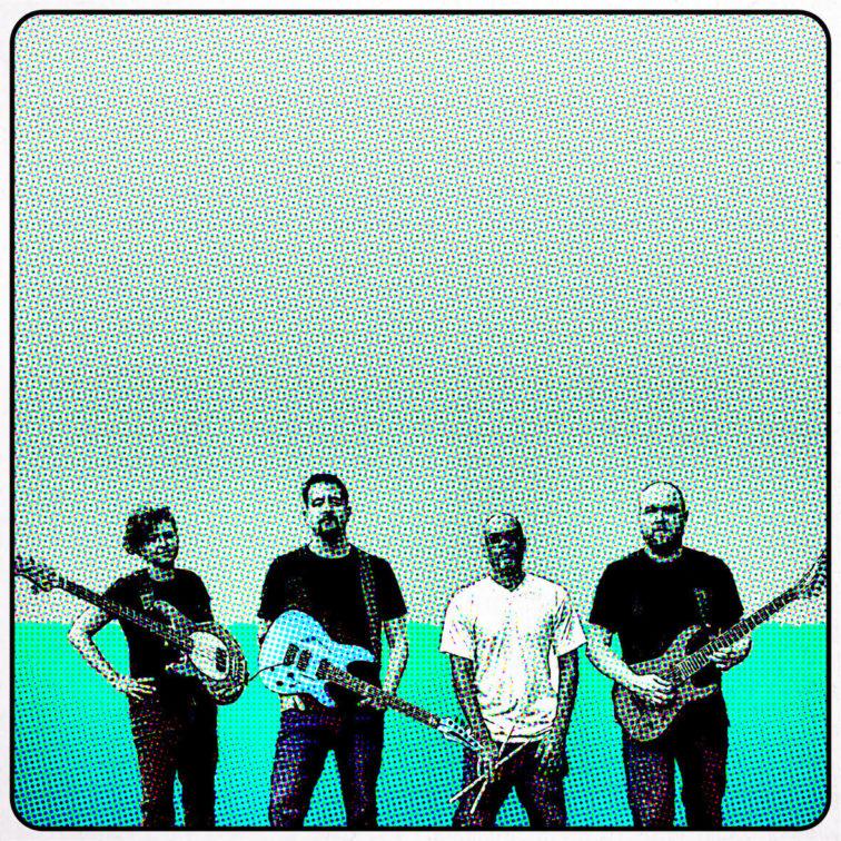 pixliated image of 4 band members standing in front of a green wall