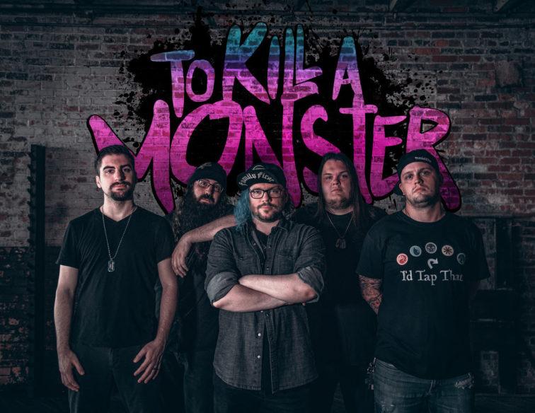 5 band members in front of a brick wall with "to kill a monster" in pink graffiti letters