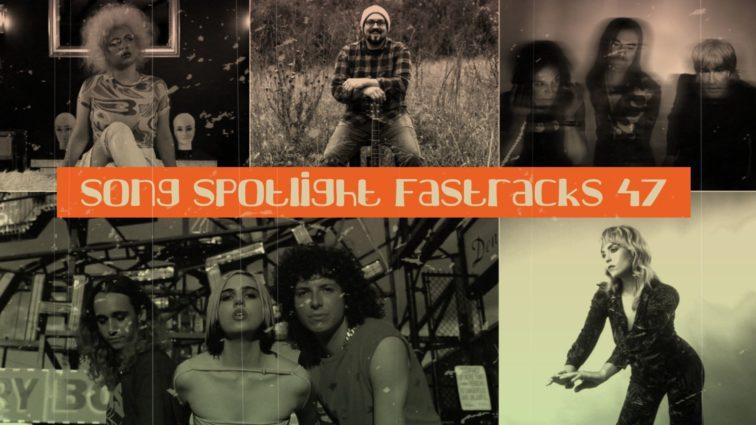 collage of 5 musicians headshots with orange text overlay that reads "song spotlight episode 47