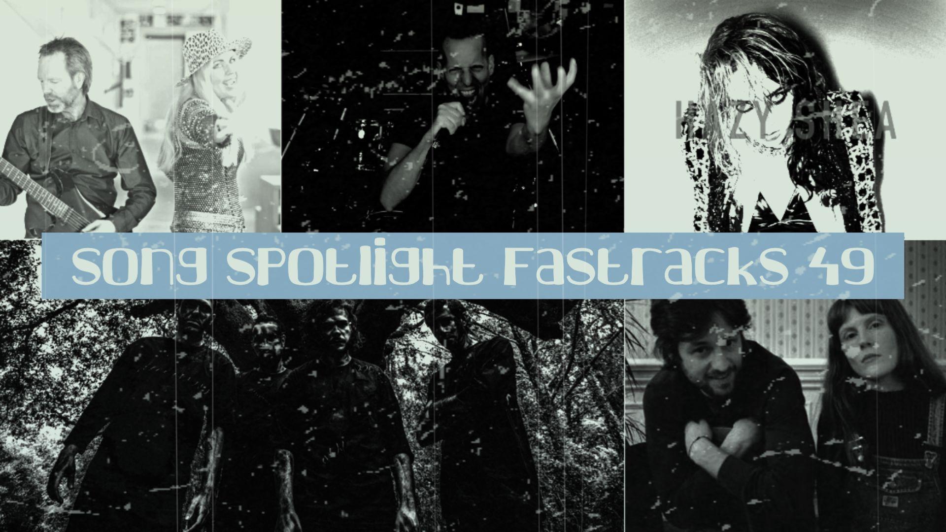 collage of 5 musicians headshots with light blue text overlay that reads "song spotlight episode 49