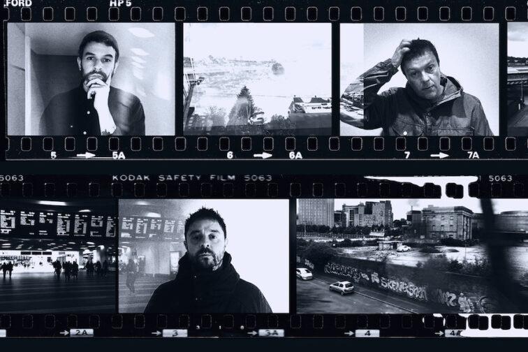 old film strip with headshots of 3 band members in frames